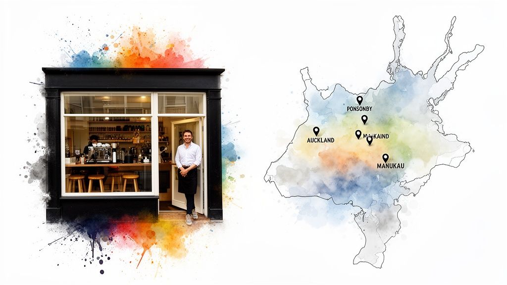 Smiling barista outside a coffee shop with a watercolor map showing Auckland locations.