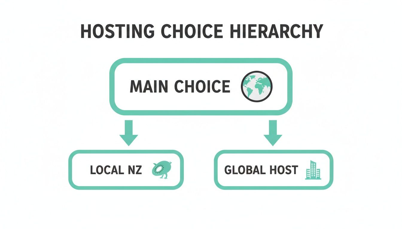 Diagram illustrating a hosting choice hierarchy, showing main choice leading to local NZ or global host options.