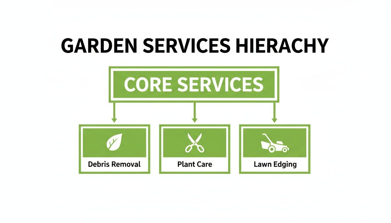 A hierarchy chart displaying garden services, with 'Core Services' including Debris Removal, Plant Care, and Lawn Edging.