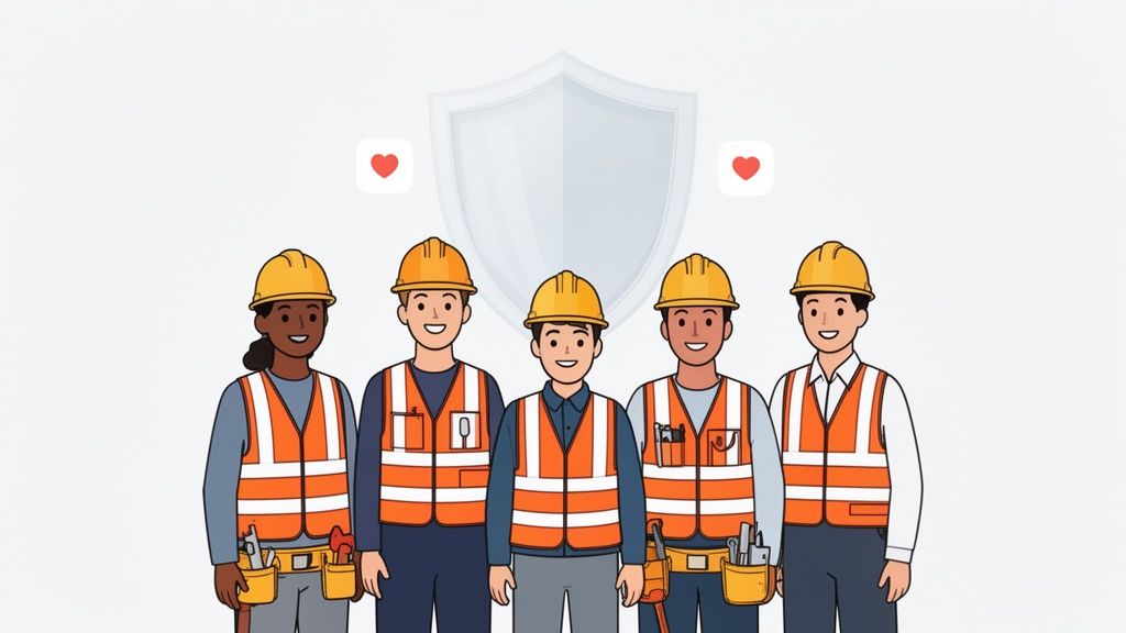 Five diverse construction workers in hard hats and safety vests stand smiling, symbolizing workplace safety.