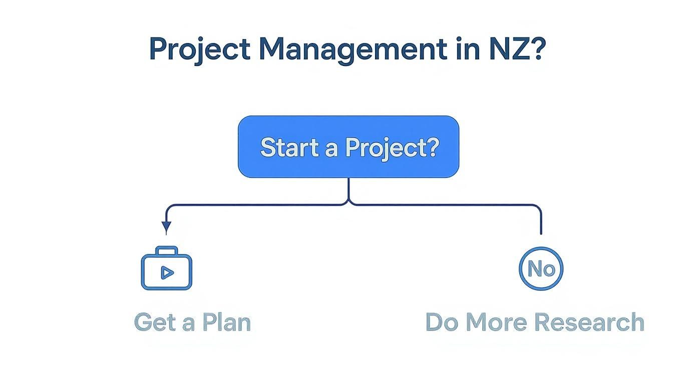 Decision tree for Project Management in NZ, guiding users to 'Get a Plan' or 'Do More Research'.