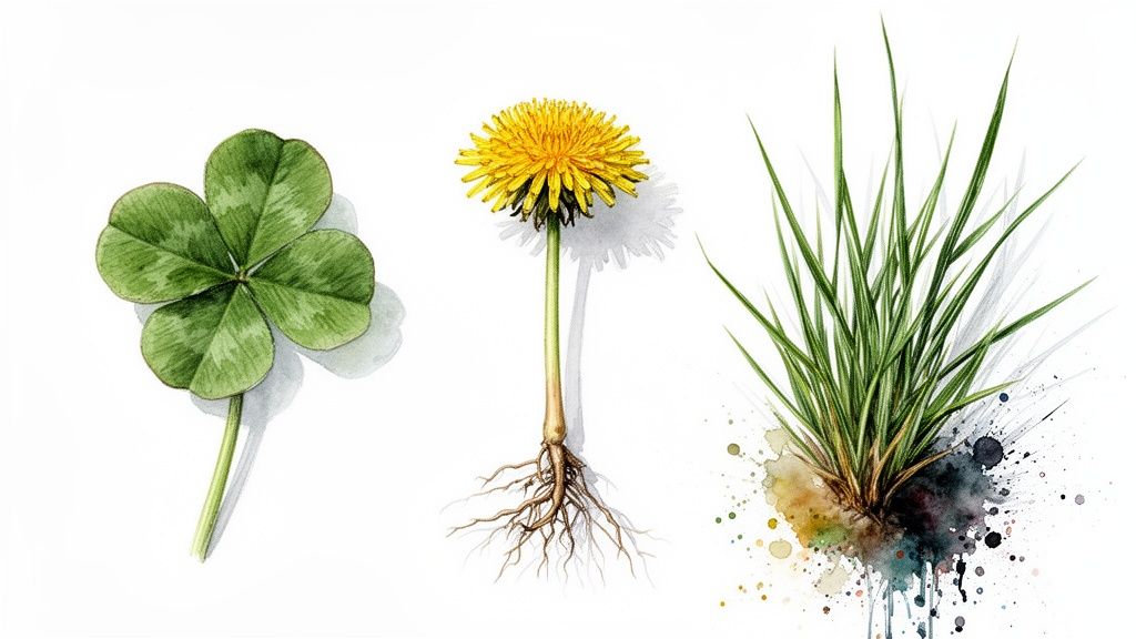 Watercolor illustrations depicting a four-leaf clover, a dandelion with roots, and a clump of green grass.