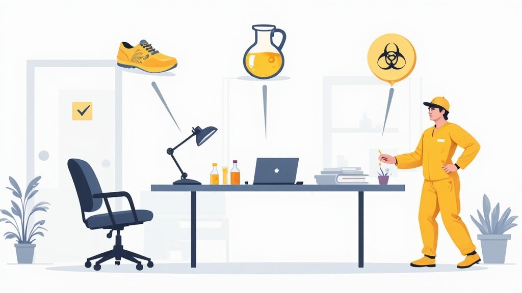 A worker in a high-visibility vest inspects industrial machinery in a manufacturing plant.