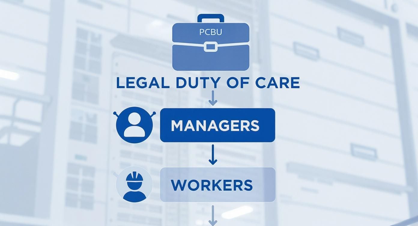 Infographic showing a hierarchy diagram on the Legal Duty of Care, with PCBU at the top, followed by Managers, and then Workers at the bottom.