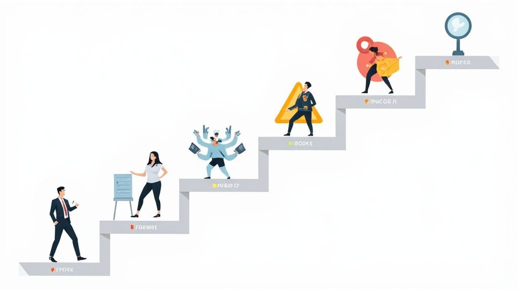 An illustration of a six-step process, from initial data collection to gaining insights.