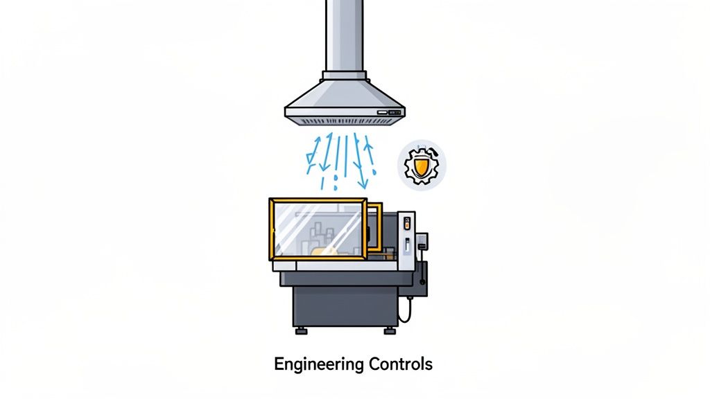 An illustration of engineering controls: an exhaust hood above a machine with a safety barrier, showing air extraction.