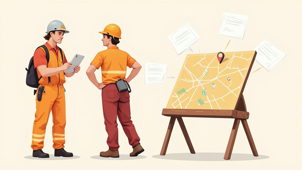 Two construction workers in hard hats discussing a map with a location pin and documents.