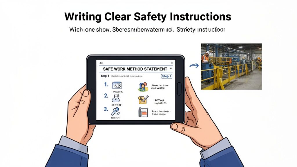 A cartoon illustration of hands holding a tablet displaying safe work method instructions next to an industrial scene.