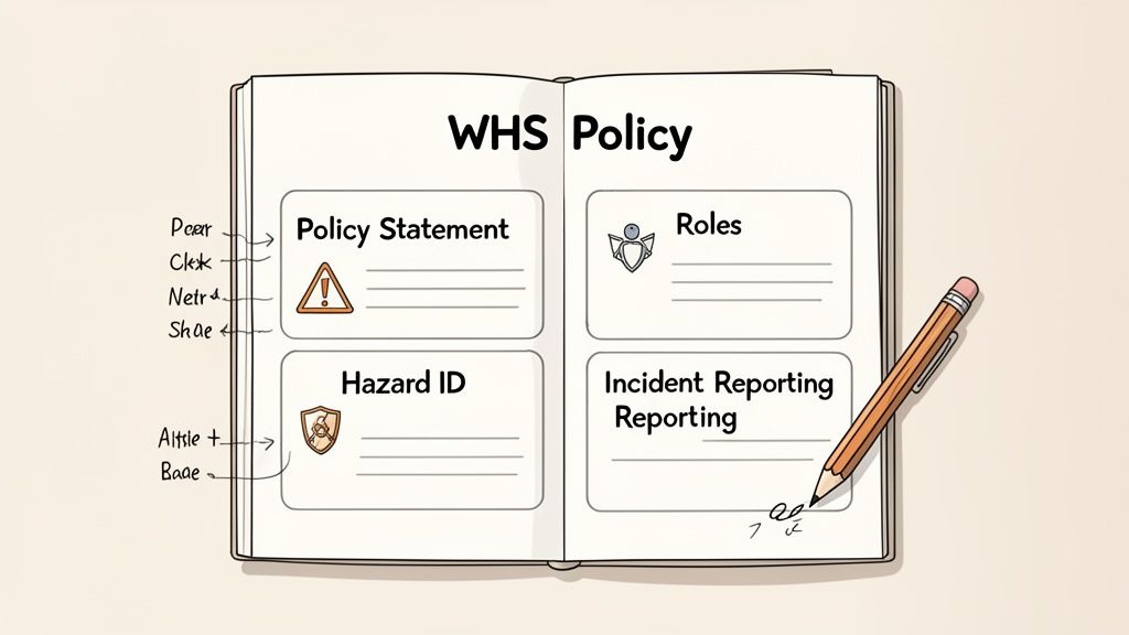 An open book titled 'WHS Policy' shows sections on policy statement, roles, hazard identification, and incident reporting.