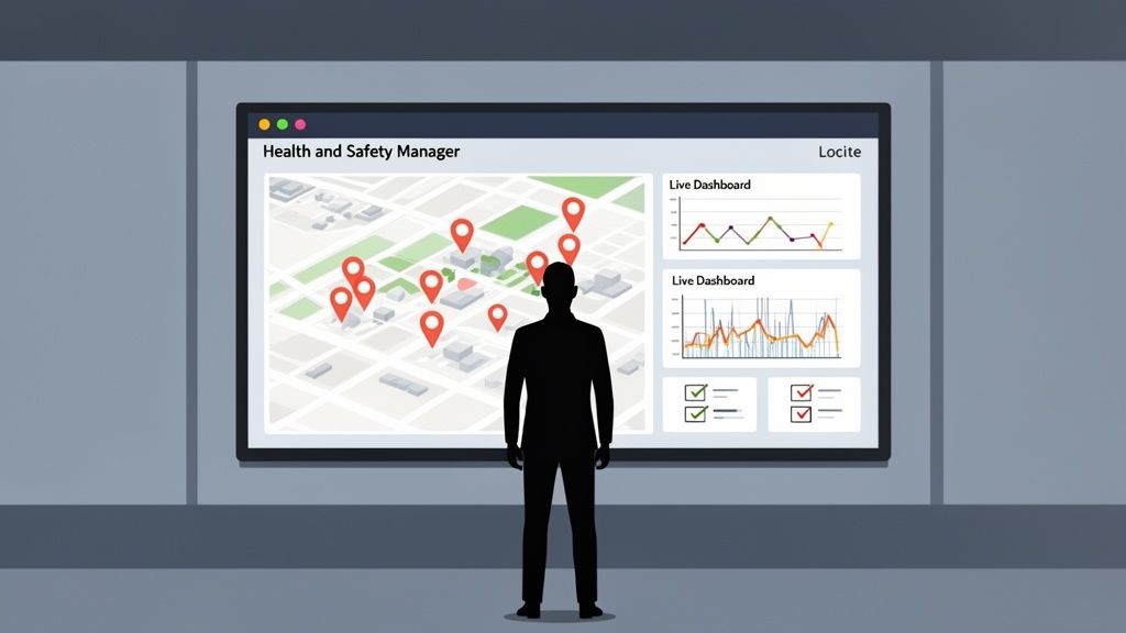 Silhouette of a manager viewing a digital health and a safety compliance dashboard with map data.