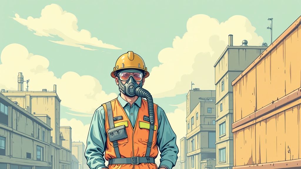 Workers wearing Personal Protective Equipment (PPE) including hard hats, safety glasses, and high-visibility vests at a construction site.