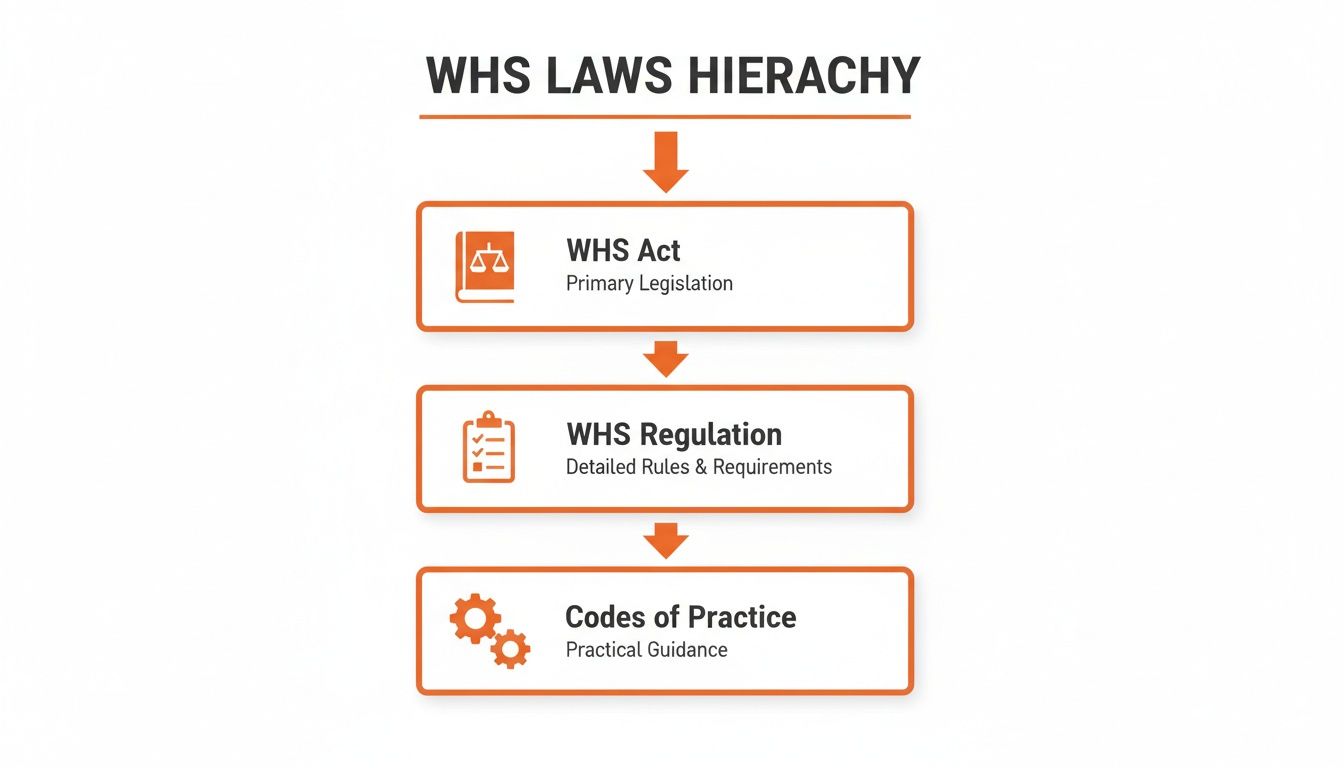 A diagram illustrating the WHS Laws Hierarchy, from WHS Act to WHS Regulation and Codes of Practice.