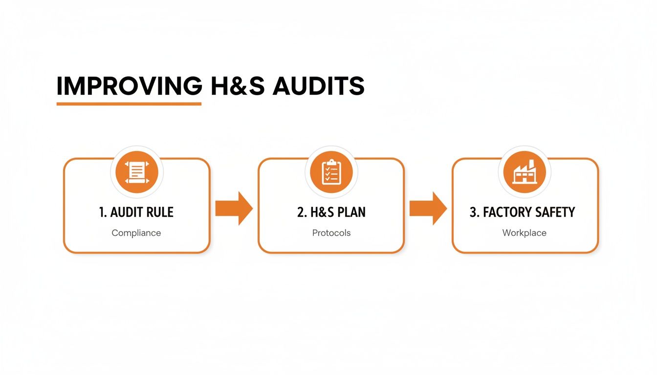 Flowchart illustrating three steps to improving H&S audits: Audit Rule, H&S Plan, and Factory Safety.