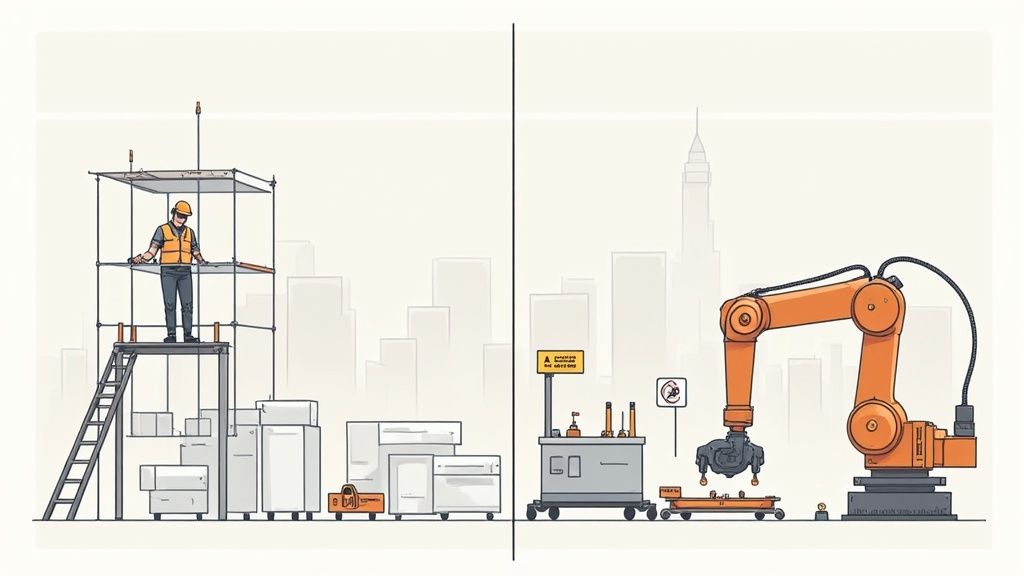 An illustration comparing manual construction work by a human to automated construction by a robot arm.