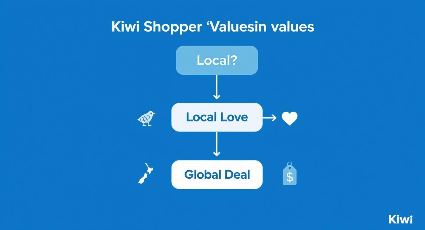 Flowchart: Kiwi shopper values local love with a kiwi bird, or global deals with a price tag.