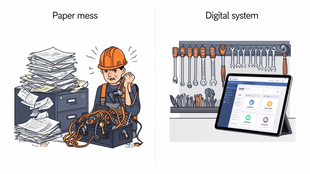 Illustrates the difference between chaotic paper documentation and an efficient digital management system.