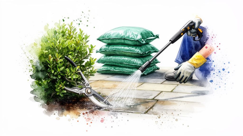 Vibrant watercolor art depicting garden cleanup with shears, stacked bags, and a person pressure washing pavement.