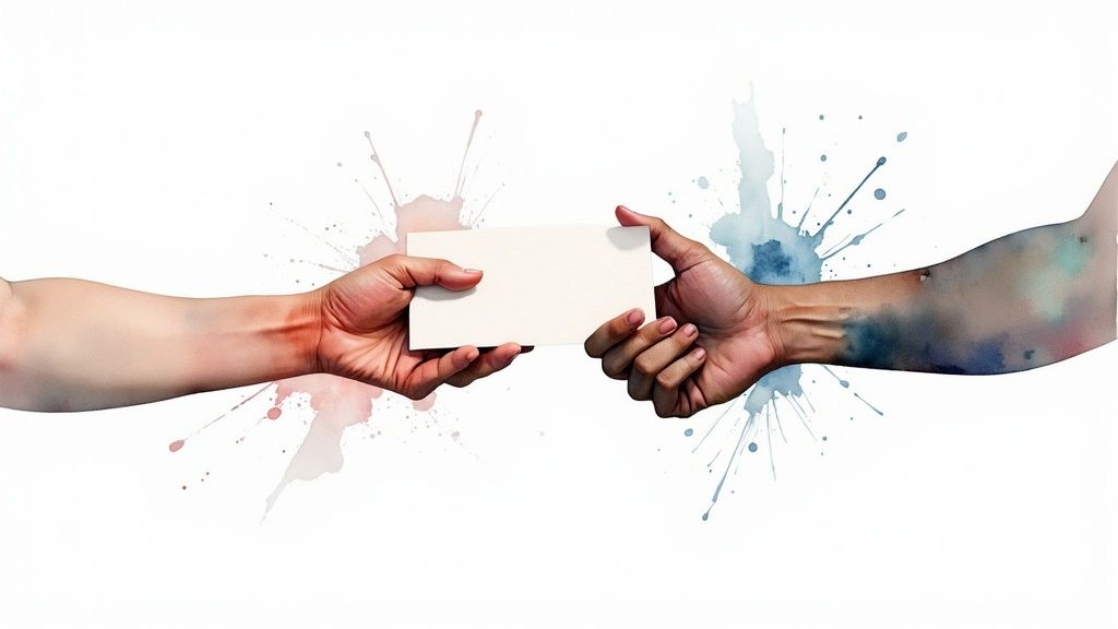 Two hands exchanging a blank white card against a backdrop of colorful watercolor splatters.