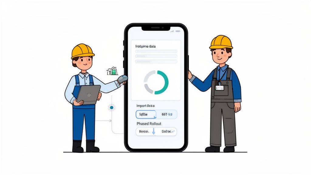 Two cartoon workers in hard hats interacting with a large smartphone displaying a data management app.