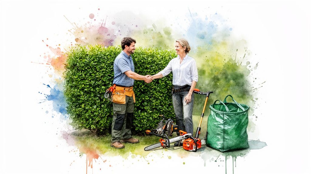 Professional gardener shaking hands with a client in front of a hedge with tools nearby.