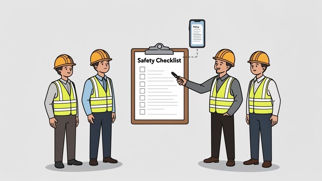 Four construction workers in hard hats and safety vests review a safety checklist and policy.