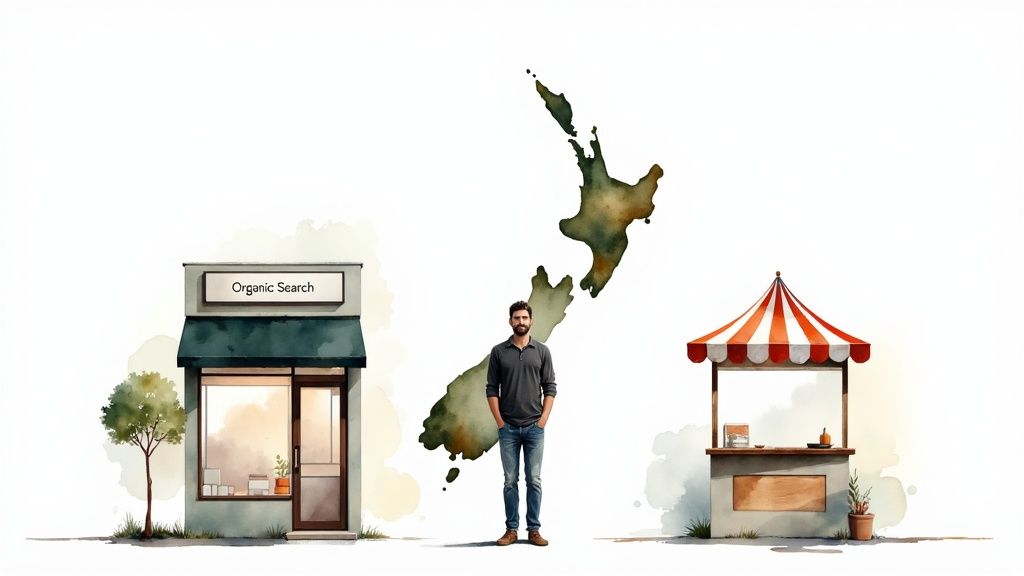 Local business storefront and market stall with person standing beside New Zealand map illustration