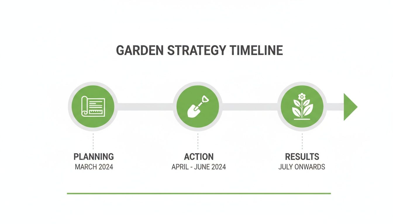 A garden strategy timeline illustrating planning, action, and results phases with corresponding dates for 2024.
