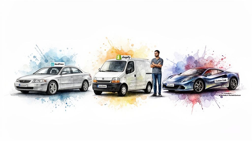 Illustration comparing WordPress (car), Shopify (van), and Custom Code (sports car) for website development.