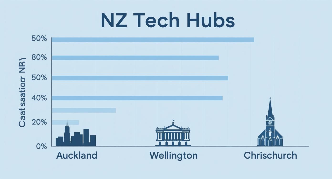 Horizontal bar chart comparing New Zealand tech hubs across Auckland, Wellington, and Christchurch.