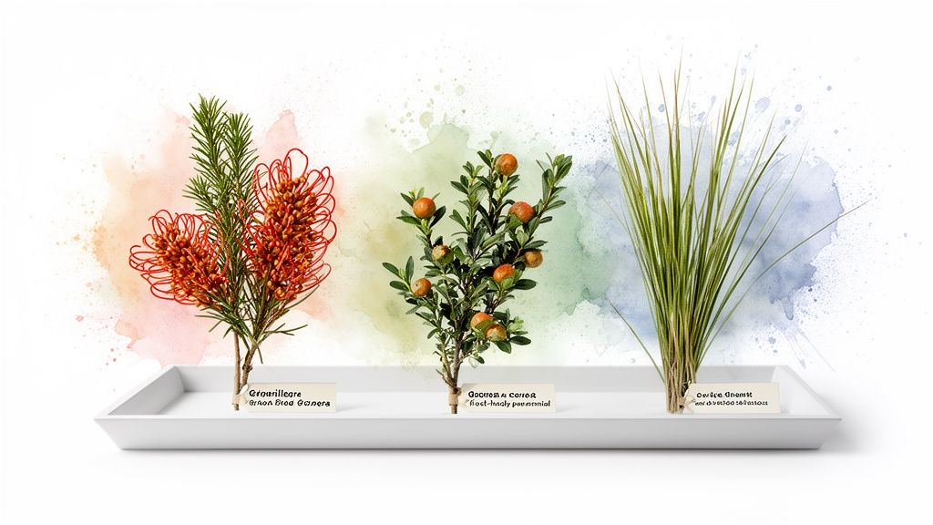 Three native Australian plants, including a Grevillea, a fruiting shrub, and ornamental grass, displayed on a white tray.