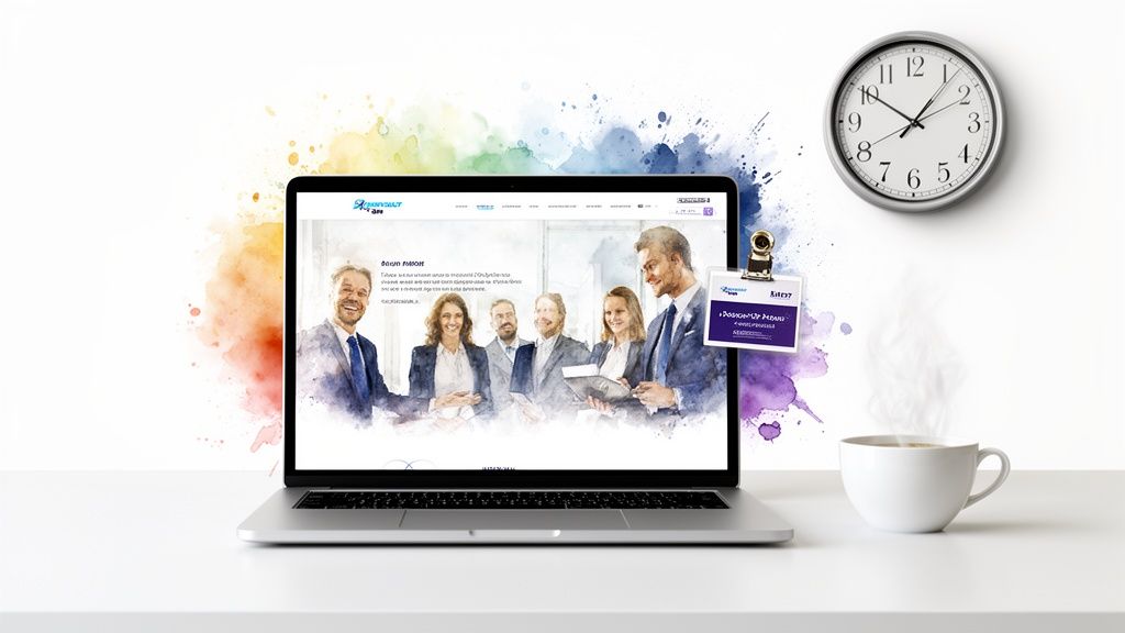 A laptop displaying a business website with a team, next to a coffee cup and wall clock.