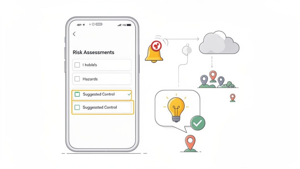 Mobile app displaying risk assessments and suggested controls, alongside a diagram of alerts and location intelligence.