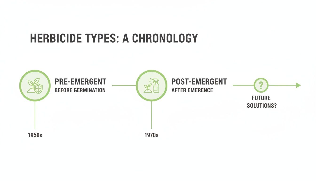 A chronology of herbicide types, showing pre-emergent (1950s) and post-emergent (1970s) solutions, and future possibilities.