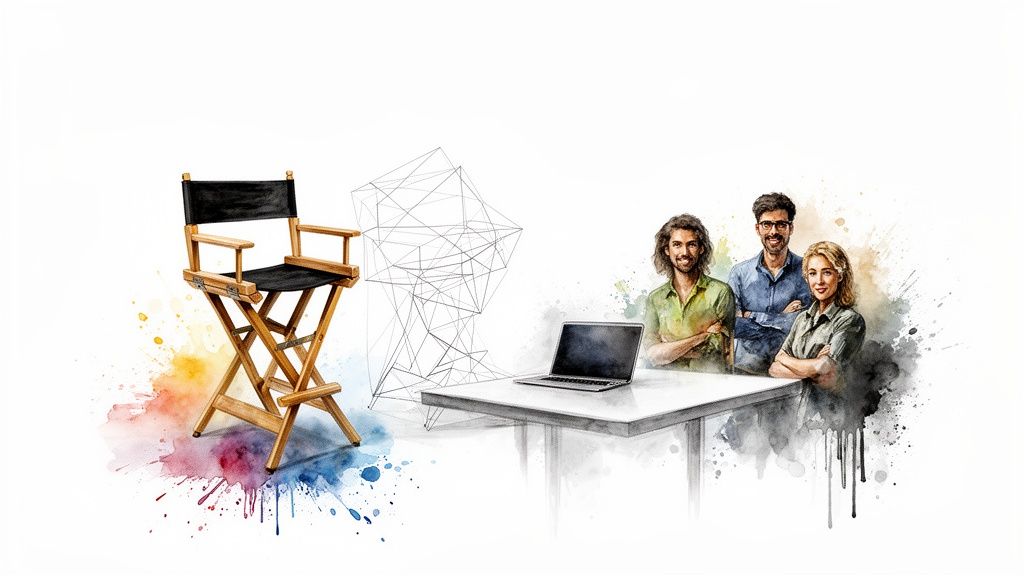 Watercolor illustration of a director's chair, geometric structure, laptop, and three diverse professionals.