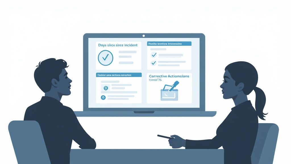 Two professionals monitor a digital dashboard on a laptop, displaying incident days and corrective actions.