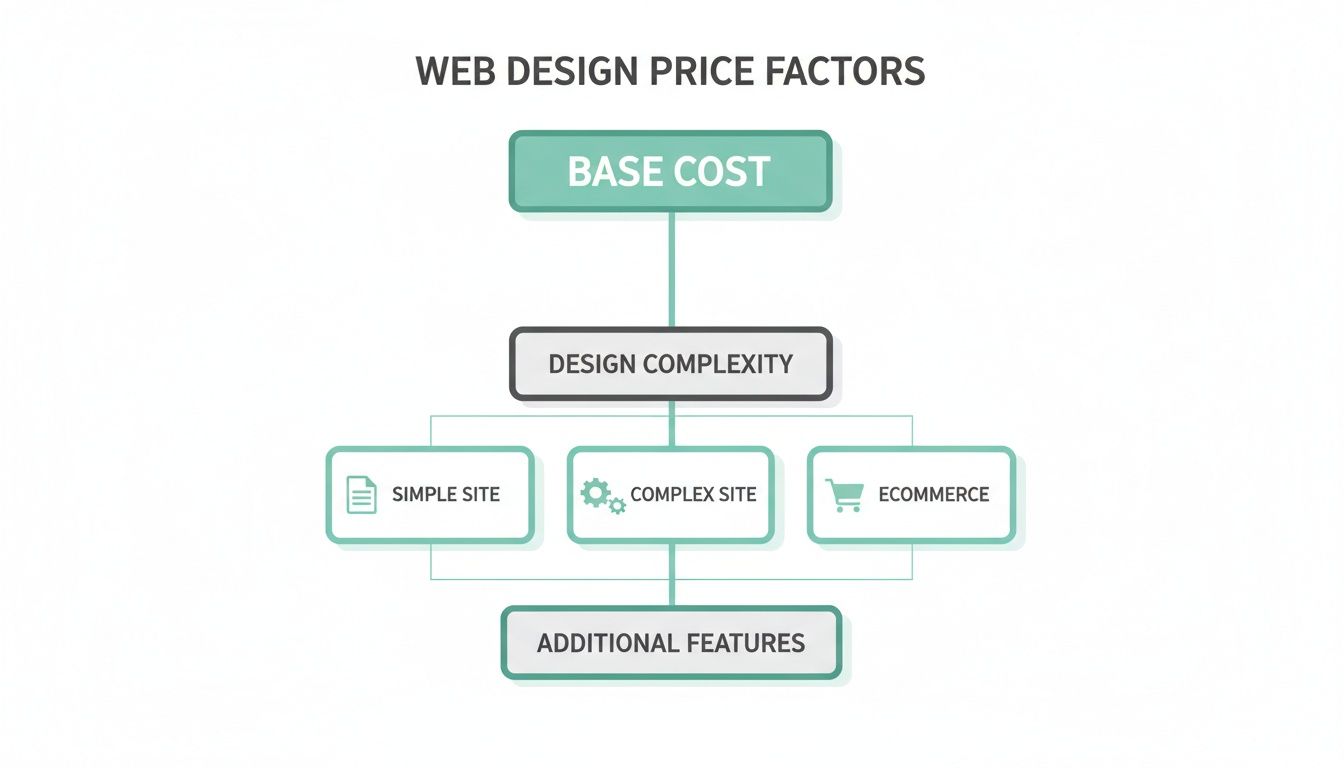 A detailed flowchart showing web design price factors like base cost, complexity, and additional features.