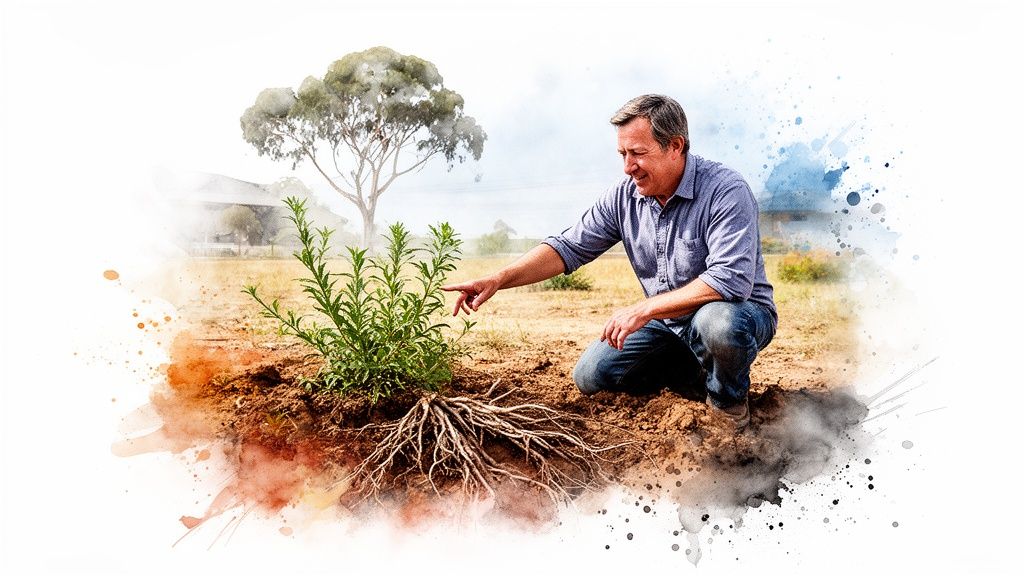 A man kneels, pointing at a green plant with its roots exposed in dry soil, in a stylized landscape.