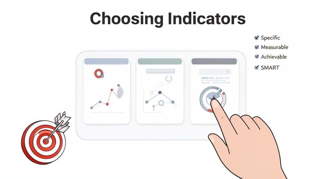 Illustration of choosing SMART indicators for goals, with data dashboards, a target, and a checklist.
