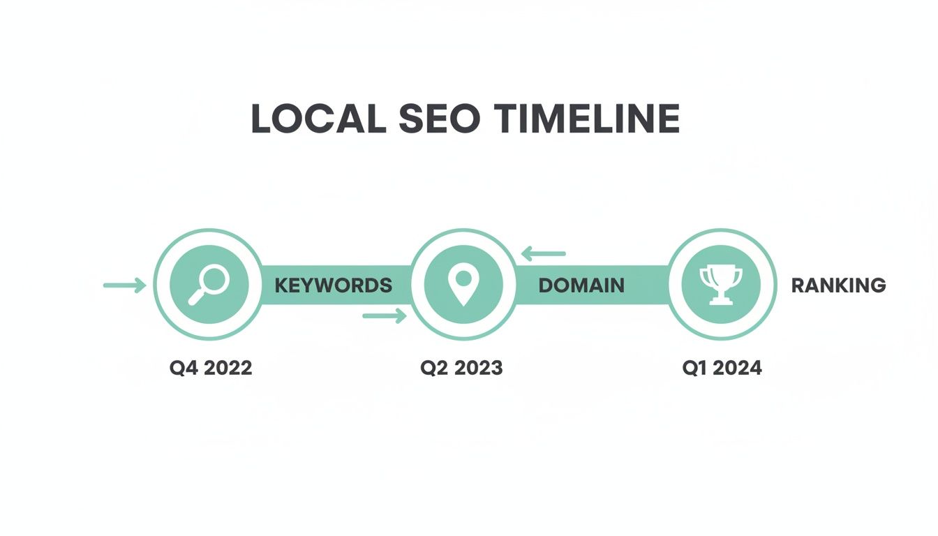 A local SEO timeline illustrating the stages from keywords to domain optimization and finally ranking.