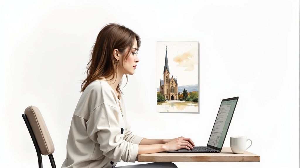 A person writing in a notebook at a sunlit desk with a laptop and coffee.