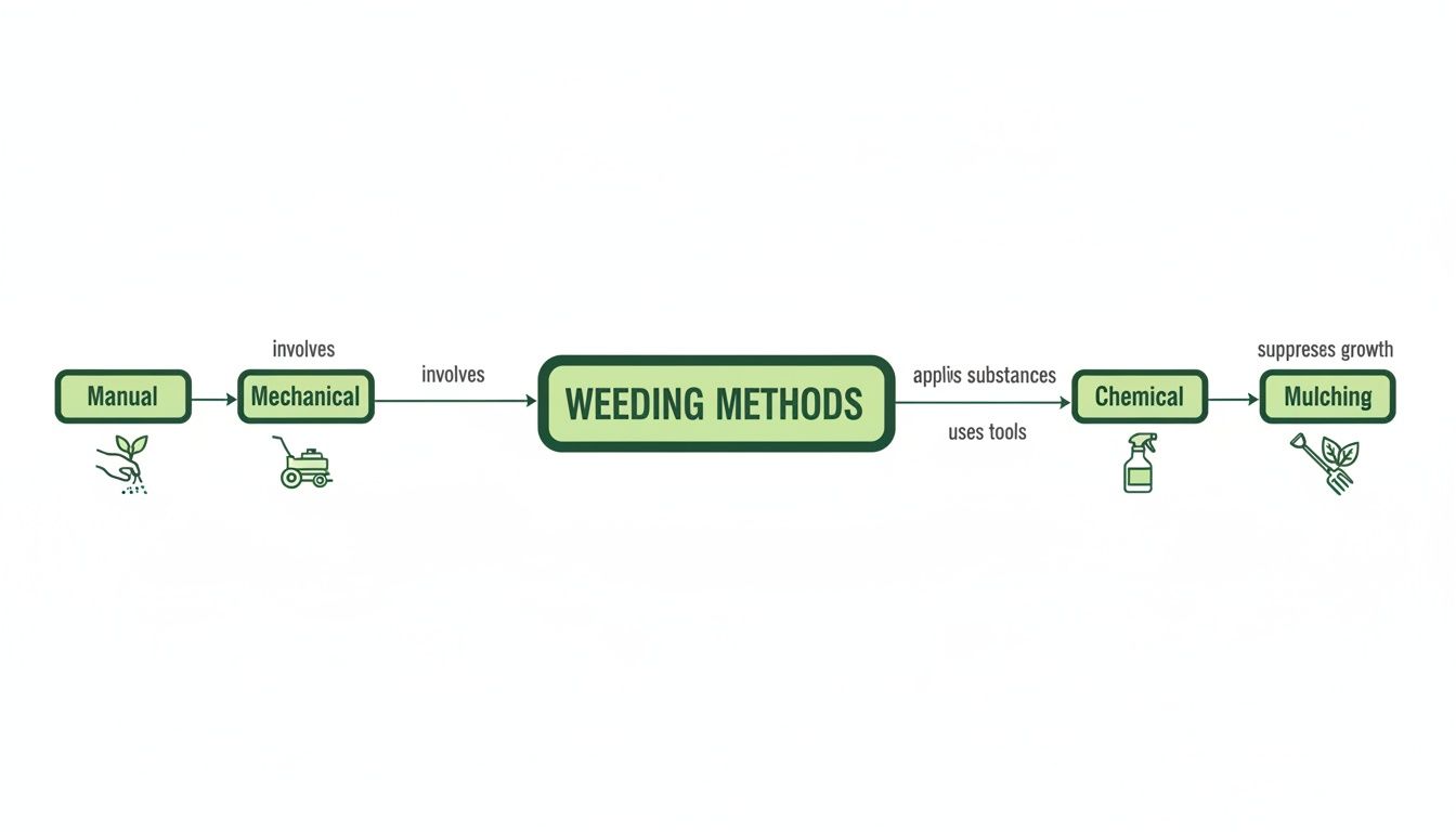 A flowchart illustrates various weeding methods: Manual, Mechanical, Chemical, and Mulching for growth suppression.