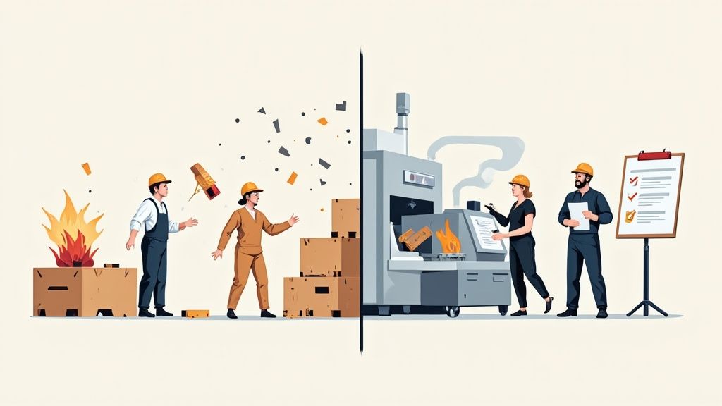 Illustration contrasting chaotic, wasteful industrial processes with efficient, safe, and controlled operations.