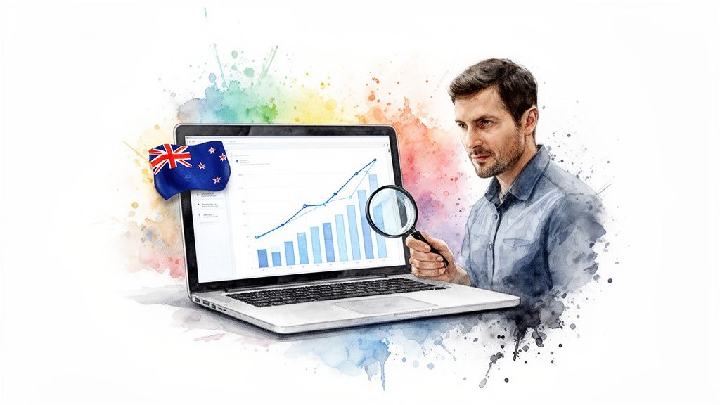Man analyzing marketing data and growth charts on a laptop with a New Zealand flag.