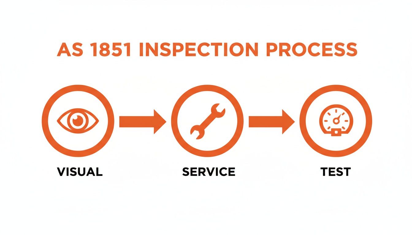 A construction worker performs a visual check on a fire extinguisher mounted on a concrete wall.