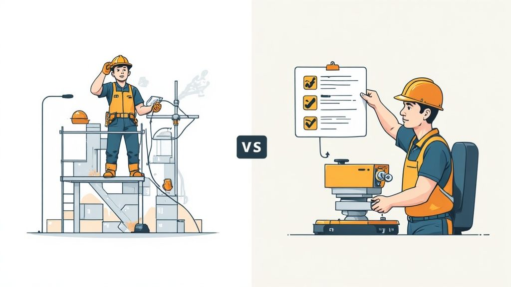 Illustration contrasting a construction worker on scaffolding with another worker checking a procedure checklist.