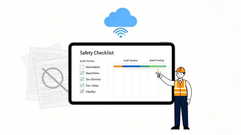 A construction worker points at a digital safety checklist on a tablet, connected to a cloud, with crossed-out paper documents.