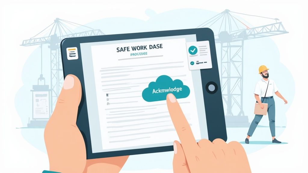 A hand taps 'Acknowledge' on a digital safe work procedure document on a tablet at a construction site.