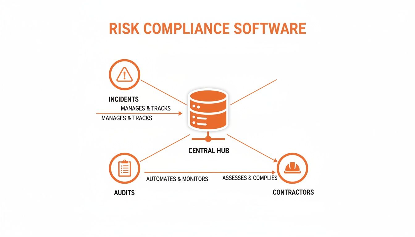 A diagram illustrating risk compliance software, showing a central hub managing incidents, audits, and contractors.