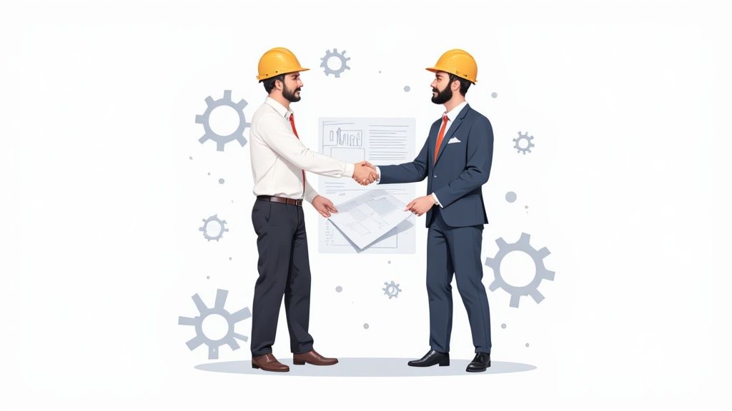 Two construction workers reviewing plans on a worksite.
