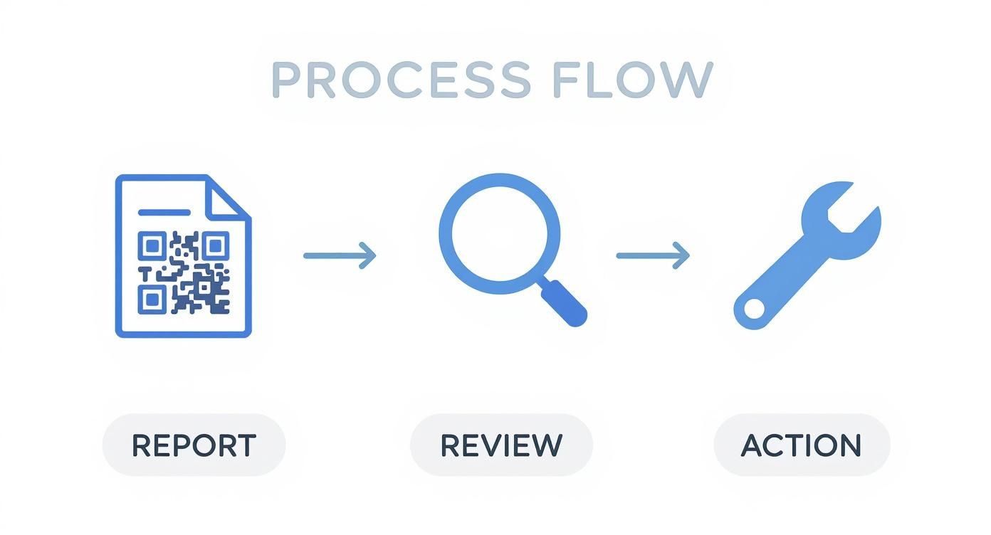 A process flow diagram showing report, review, and action steps with corresponding icons.